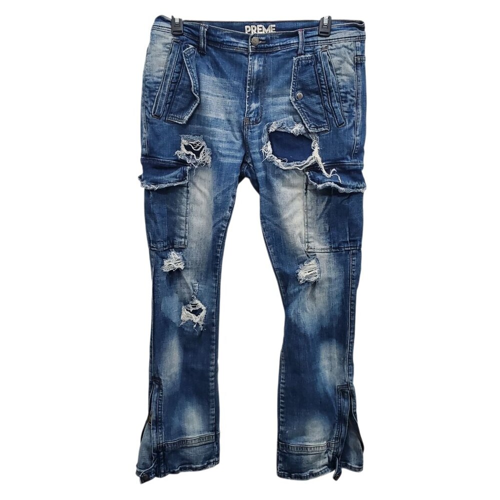Preme Indigo PR-WB-1196 Men's Heavy Distressed Urban Streetwear‎ Jeans 38x34